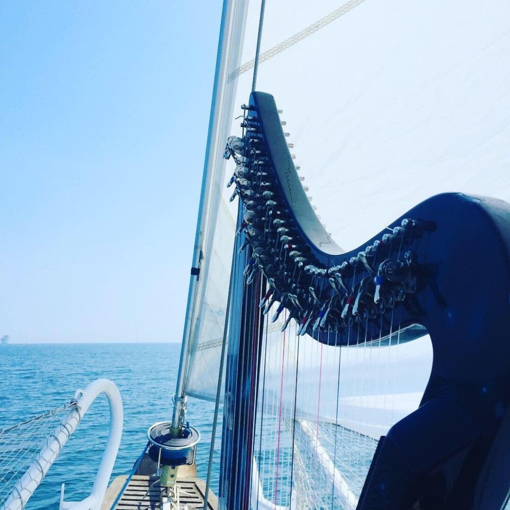 Blue harp on board ship