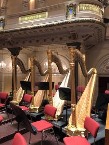 The four harps of the Concertgebouw (including two Camacs) on stage for Schoenberg's Gurrelieder.
