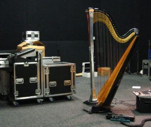 Caroline's harp covered in mirrored contact paper