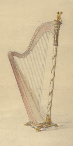 Étude (aquarelle) pour la harpe Érard modèle Empire. N°d'inventaire D.2009.1.1631, Fonds Gaveau-Érard-Pleyel, dépôt du Groupe AXA au Musée du Palais Lascaris, Nice